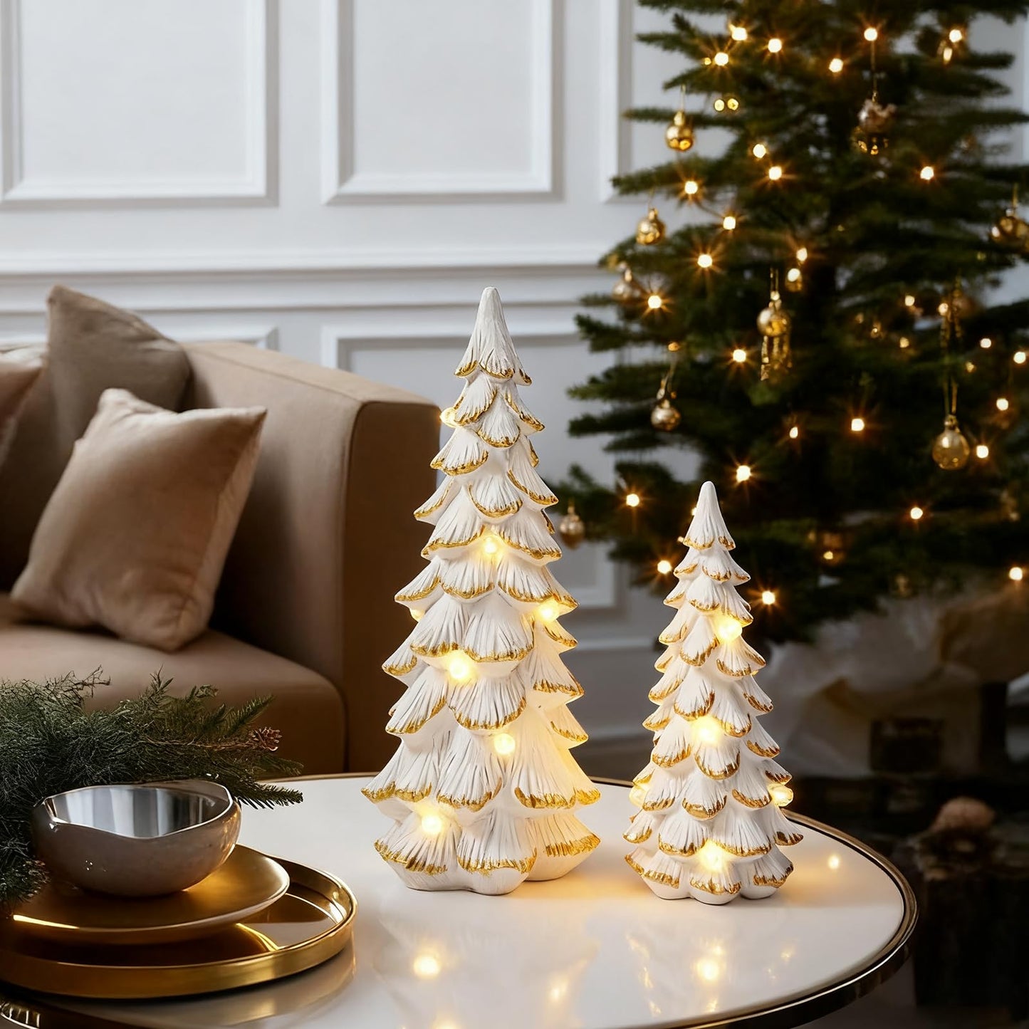 WDS WONDROUS Christmas Tree Figurine Light Up Green, 2Pcs Christmas Trees with Lights, Xmas Tree Figurines for Tabletop Mantel Shelf Fireplace Holiday Decorations for Home and Gift