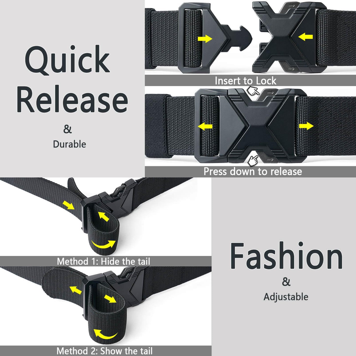 LionVII Heavy Duty Quick Release Belt, Elastic Stretch 1.5" Web Work Belts with Alloy Buckle for Waist Size Below 48" (Black)