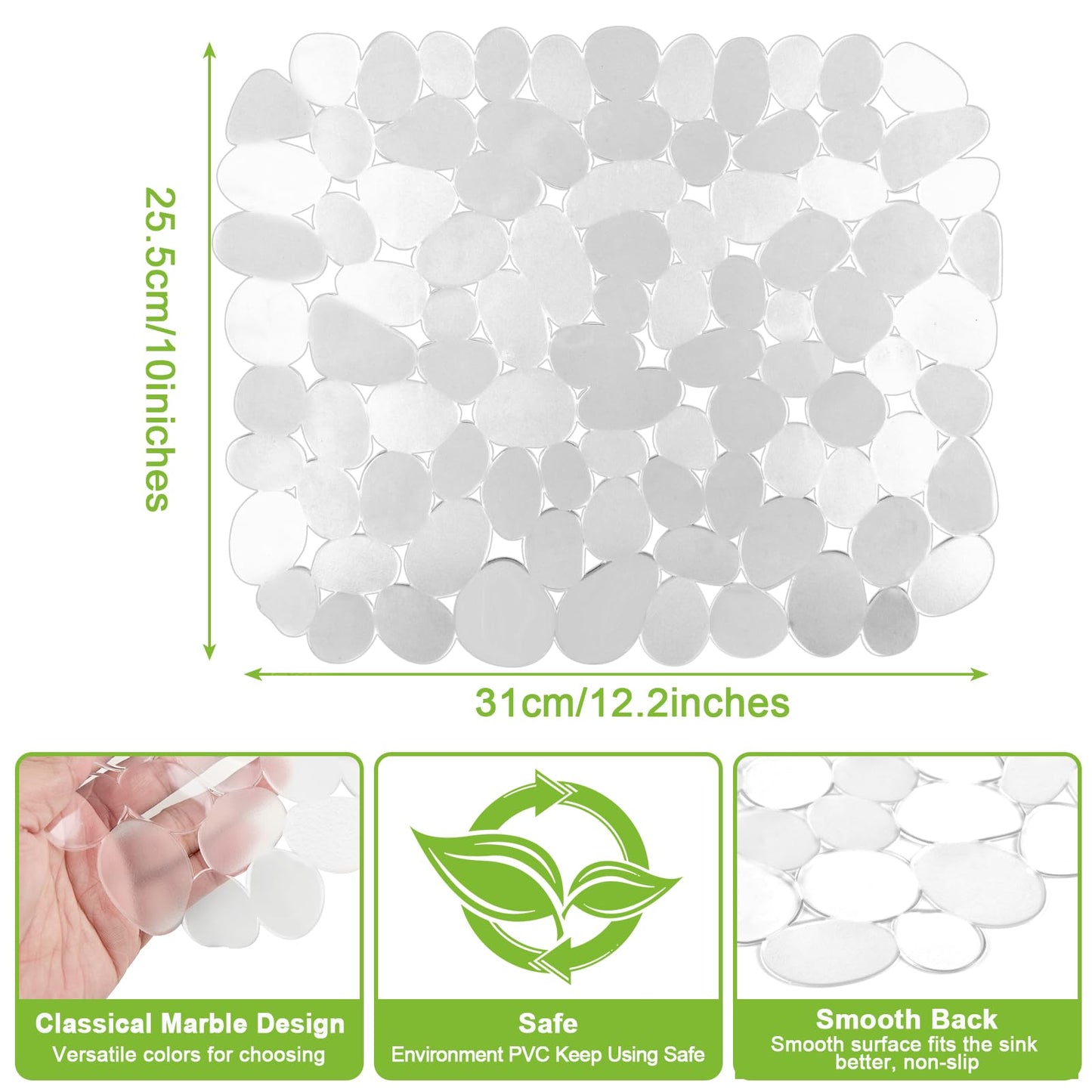 Coopay 2 Pack Kitchen Sink Mat Small Size Plastic Pebble Kitchen Mat PVC Eco-Friendly Adjustable Stainless Steel/Porcelain Dish Drying Pad Protector for Bottom of Sink, 12.2 x 10 Inches (Clear)