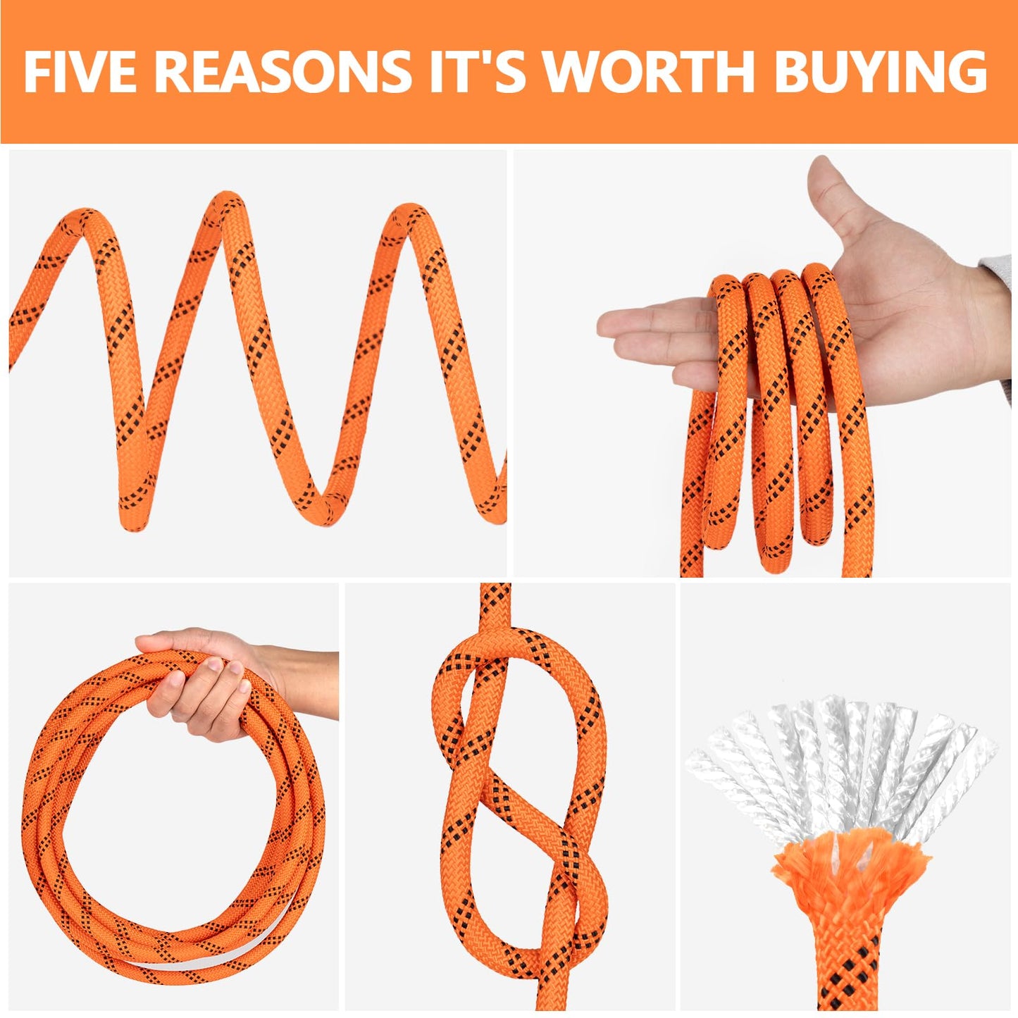X XBEN Braided Polyester Arborist Rope 1/2 inch X 170ft, 48 Strands, 12 Inner core,5174 LBS Breaking Strength Outdoor Rope, Arborist Rigging Rope for Rock Hiking Camping Swing Tree Rescue,Orange