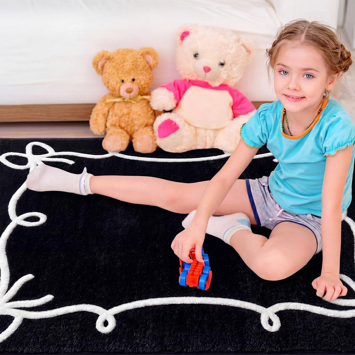 Dunzy Black Bow Classroom Rug 3.3 x 4 Ft Back to School Classroom Decor Soft Washable Bow Rug with Non Slip Backing for Teaching Playroom Reading Corner Library Supply
