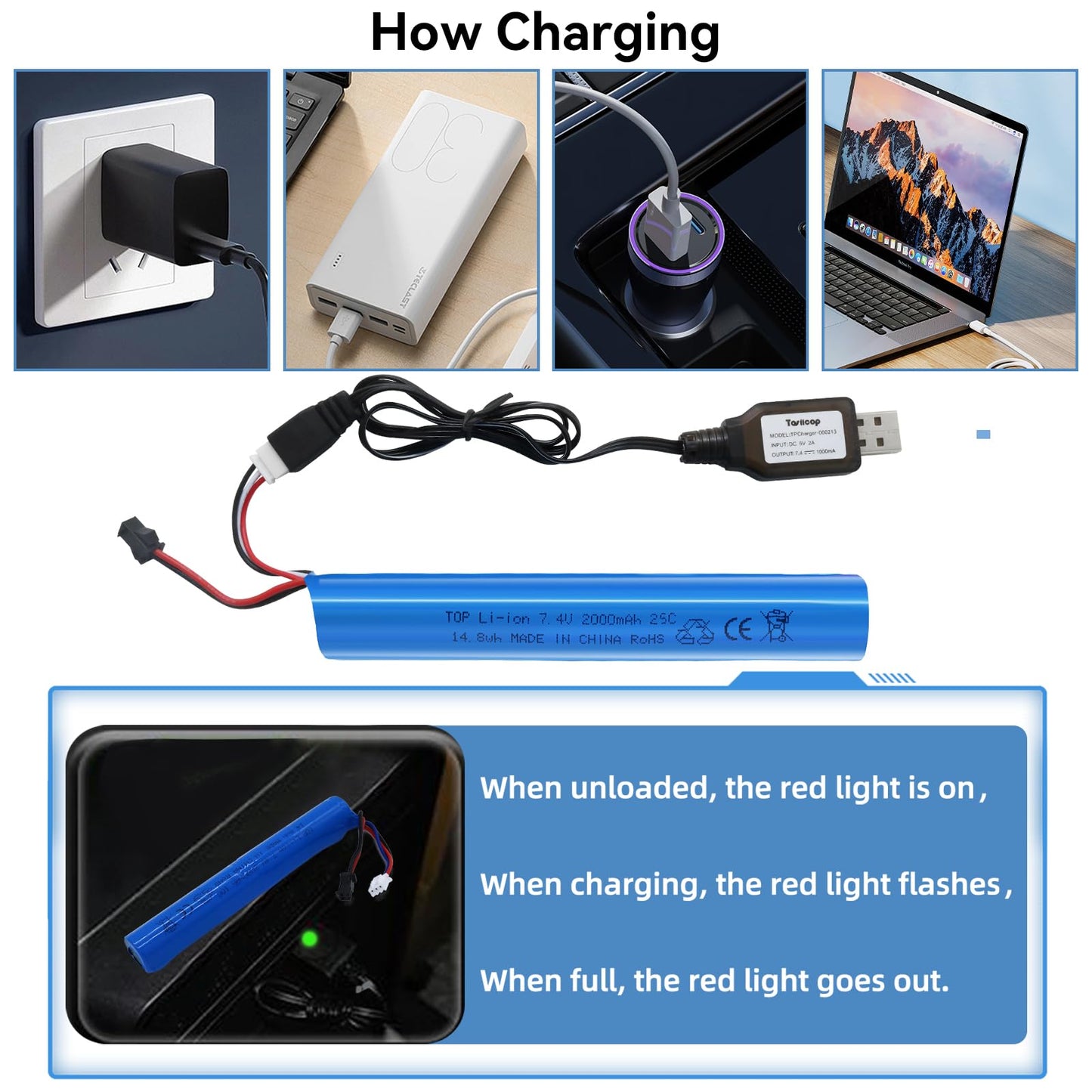 Tosiicop Airsoft Gel Blaster Battery - 7.4V 2000mAh LiPo Batteries for Splatter Ball Accessories SRB400 SRB1200 SRB400-SUB Water Bead MP5K M4 M110 with SM-2P Plug Rechargeable Charging Cable