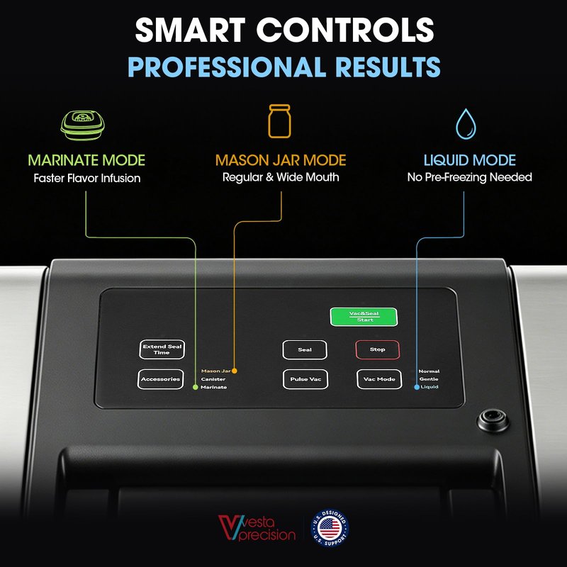 Vesta Precision 12" Vacuum Sealer Machine for Liquid & Moist Foods, Smart Heat Sealing Prevents Bag Melting, Built-in Cutter & Roll Storage Fits 2X20’ or 1X50' Rolls, Mason Jar Kit, Sous Vide, V23