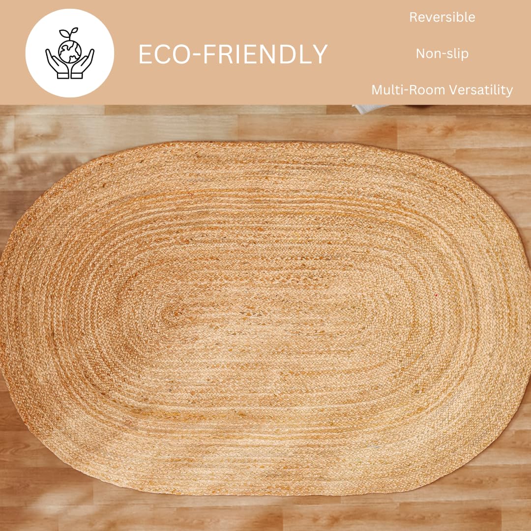 OHOMLY LIVING Handcrafted Jute Braided Rug 3x5 Feet Oval - 100% Natural Jute Area Rug - Rustic Farmhouse Boho Accent Rug for Living Room Bedroom Kitchen Entryway Reversible Handwoven Floor Rug