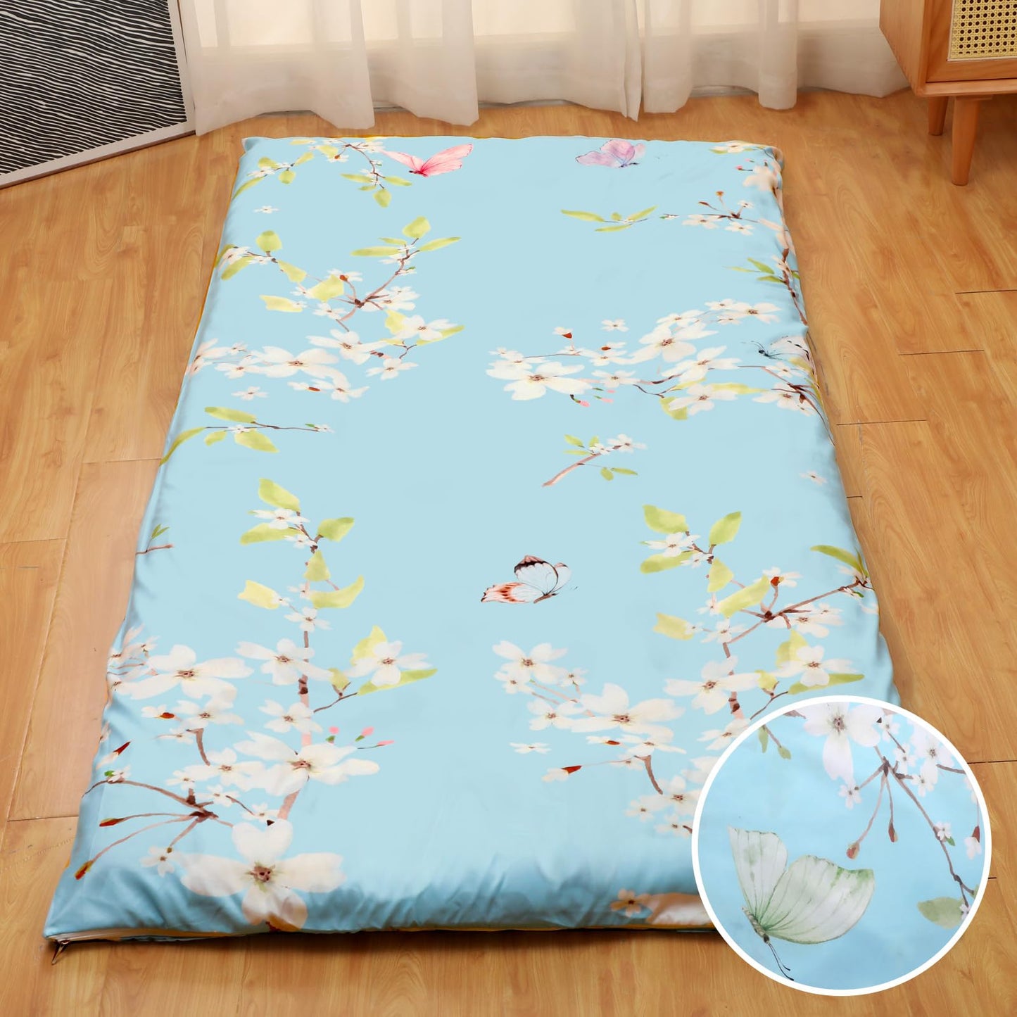 Preboun Futon Mattress Cover with Zipper 84 x 58/80 x 39 Japanese Floor Cushion Tatami Thai Korean Sleep Mats Protector Cover Washable Skin Friendly Without Futon(Flower,Twin Size,Blue)