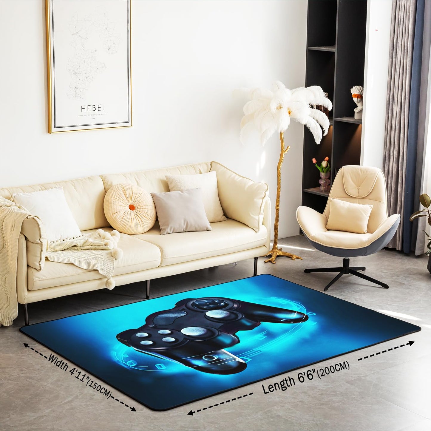 Feelyou Gaming Area Rug Blue Game Console Rugs for Boys Teens Bedroom Sofa Playroom Living Room Kids Gamer Room Decor Game Console Carpet Indoor Floor Mat Soft Surface, Non-Slip Backing 3'x5'