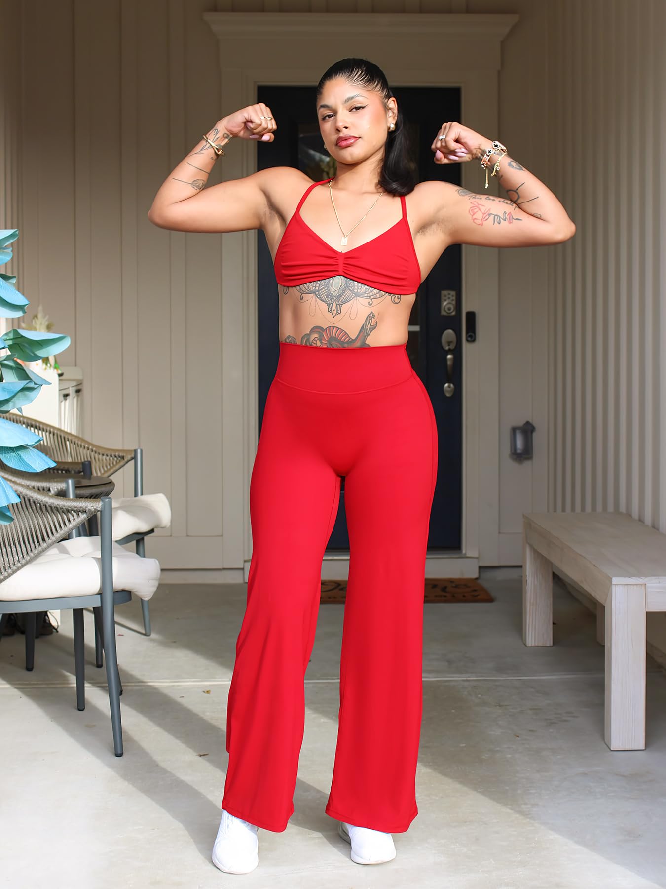YEOREO Workout Leggings Womens No Front Seam Straight Leggings 31.5" High Waist Buttery Eddiy Gym Yoga Pants Red S
