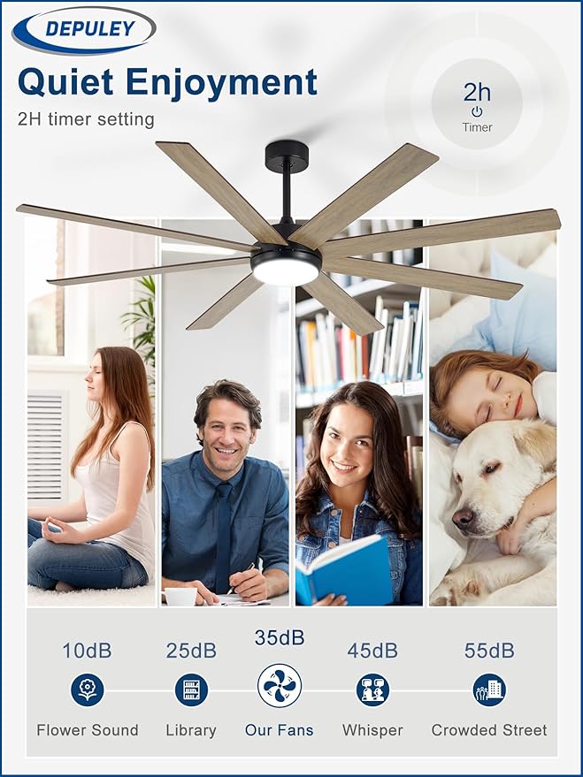 Depuley 66" Ceiling Fans with Lights: Large Indoor/Outdoor Ceiling Fan for Patios Living Room - 8 Blades Wooden Dimmable Ceiling Fans with Remote APP Control Timer Reversible Quiet DC Motor 6 Speeds