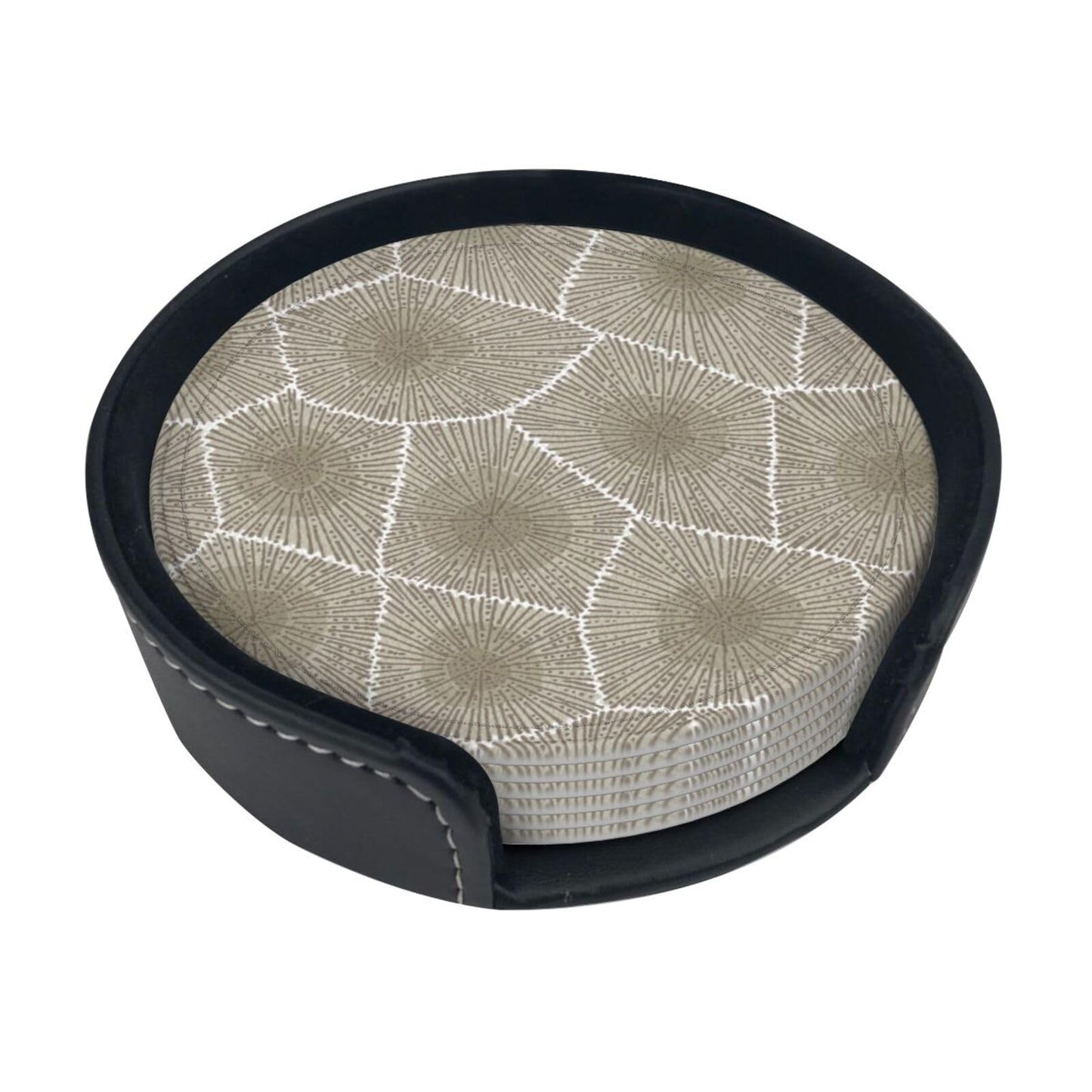 Keeawou Petoskey Stone Leather Drinks Coasters with Holder, Set of 6, Suitable for Various Cups