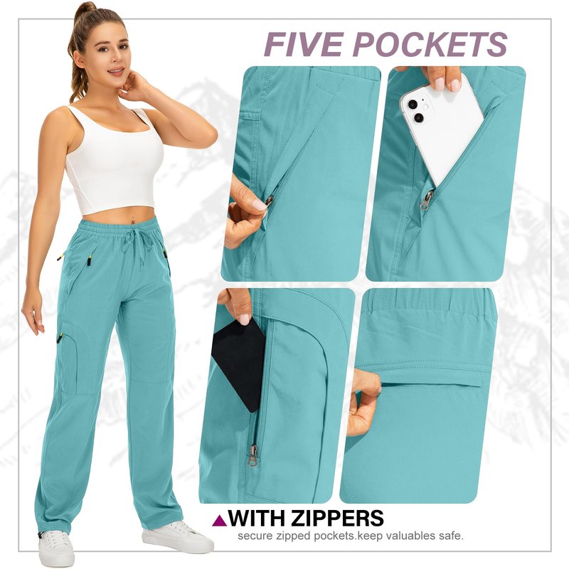 Toomett Women's Hiking Pants Quick Dry UPF 50 Travel Golf Pants Lightweight Camping Work Cargo Pants Zipper Pockets,6608,Lake Green,L