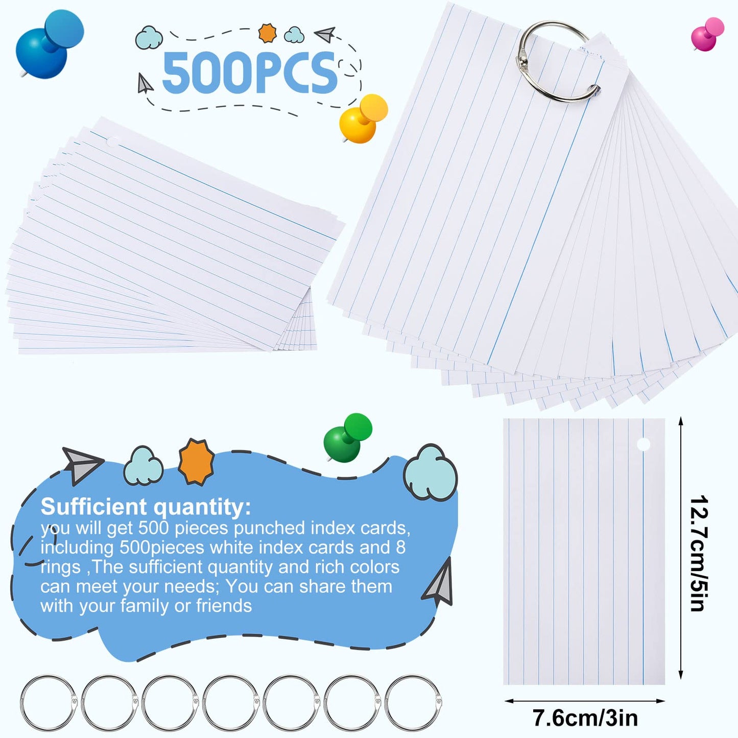 Yexiya 500 Pcs Index Cards with Rings Study Supplies Punched Lined Flash Cards with Holes Ruled Single Hole Notes and Metal Rings for Adults Office(3 x 5 Inch,White)