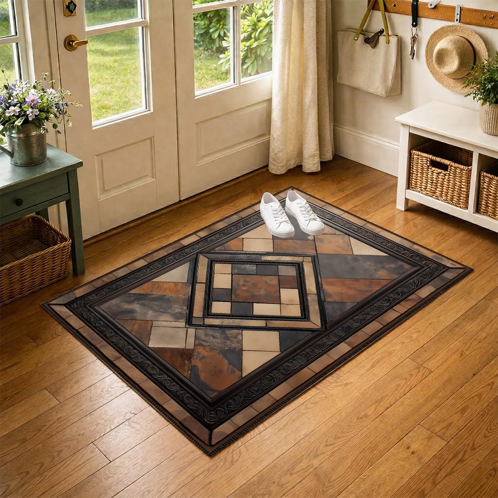 Vintage Geometric Faux Cashmere Non-Slip Rug, 15.7 x 23.6 Inches, Brown Patchwork Accent Mat for Entryway, Bedroom, Bedside, Kitchen and Bathroom Dry Area (Brown)
