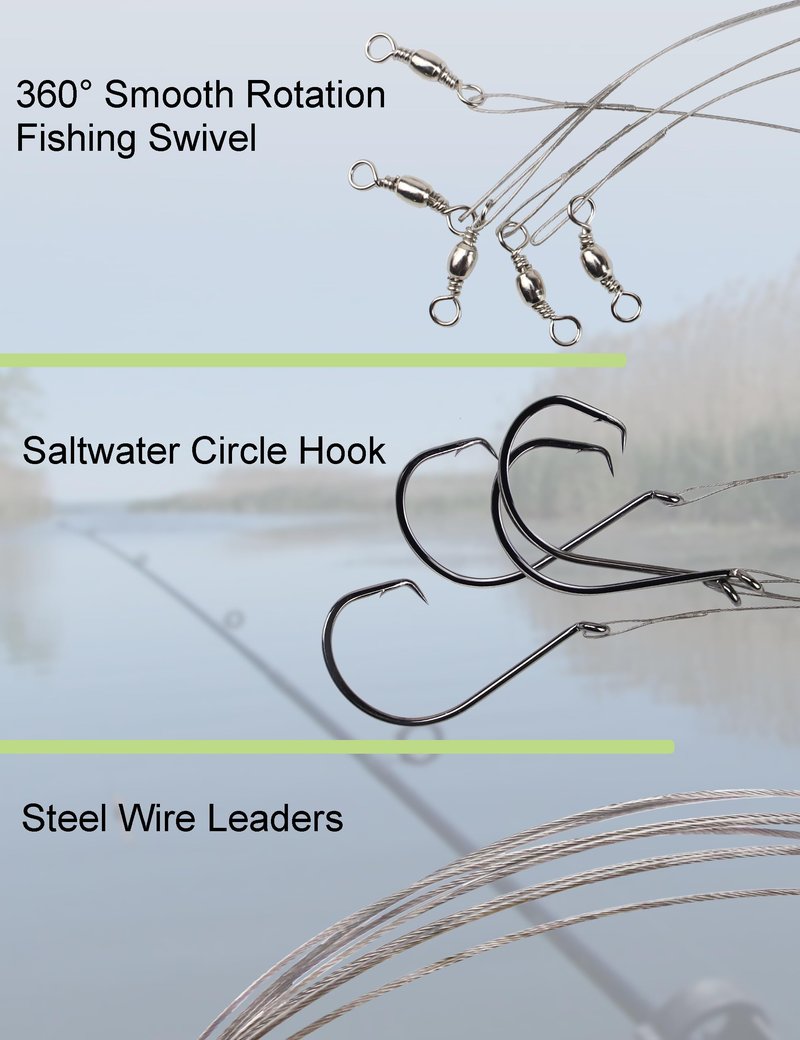 YVUDW Pre-Rigged Fishing Hooks with Steel Wire Leader, Saltwater 30pcs Catfish Octopus Hooks Rig Anti-Bite Stainless Steel Trace Trout Hooks