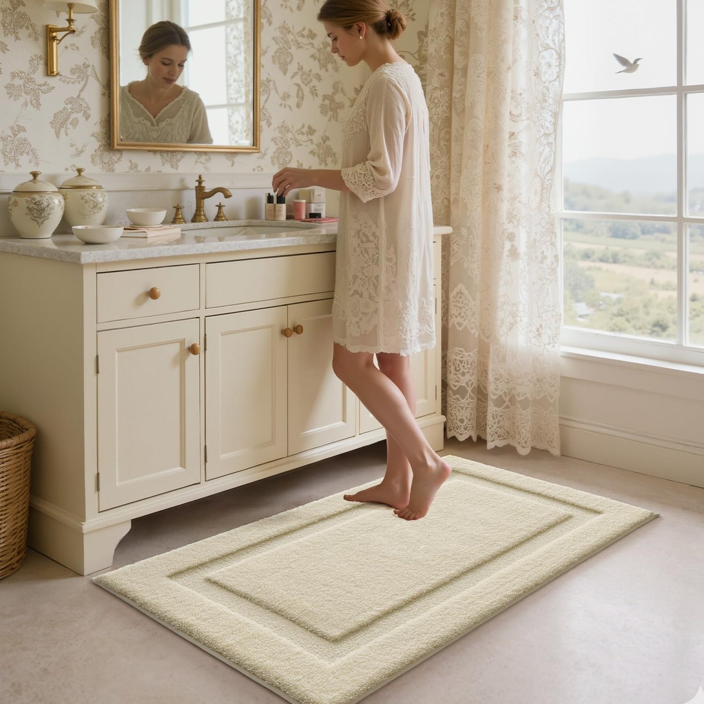 LUMI Ultra Soft Bathroom Rugs Non Slip with Rubber Backing, Absorbent Washable Bath Mat Quick Dry, Upgraded Premium Microfiber Plush Carpet for Bathtub and Shower Floor, Ivory White, 24x43