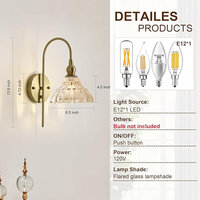 Vintage Wall Sconces with Amber Flower Glass Lampshade, Indoor Bath-Room Wall Sconce, Modern Gold Industrial Lighting Fixture for Mirror Living Room Hallway 2 Pack