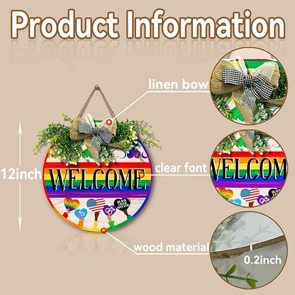Gay Pride Progress Pride Rainbow Door Sign Welcome LGBTQ Love Heart Round Wood Sign with Bow Wreath Lesbian Parade Day Pansexual Bisexual Transgender Hang Sign for Front Door Diversity 12 In