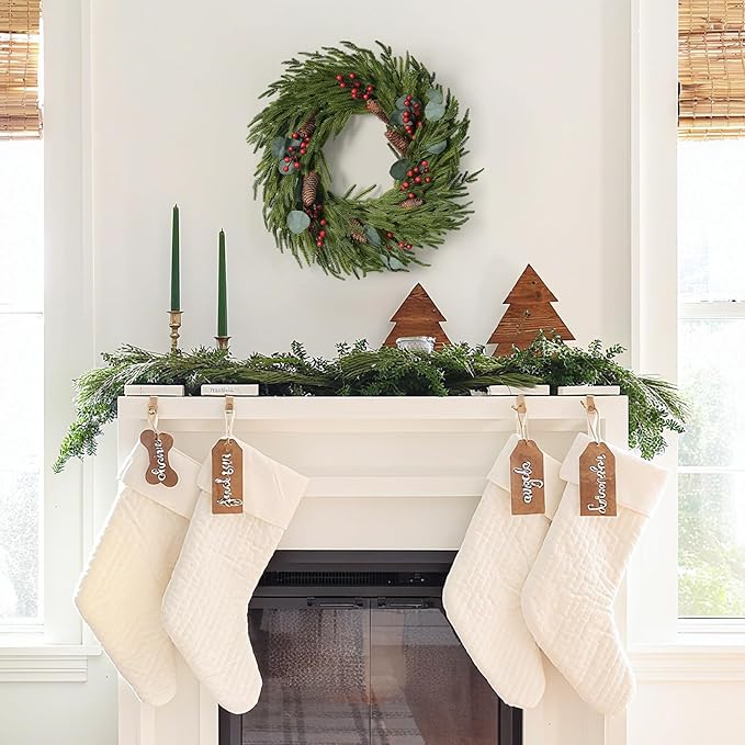 Christmas Decorations - 22 Inch Artificial Norfolk Pine Christmas Wreath with Pine Cones, Eucalyptus, and Red Berries Perfect for Front Door - Indoor Outdoor Holiday Decor for Mantle, Wall, Window