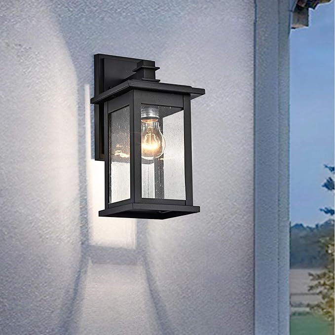 MICSIU 2 Pack Outdoor Wall Sconce, 12 Inch Black Exterior Light Fixtures with Clear Seedy Glass, Metal Outside Lights for House, Porch, Garage.