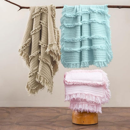 Ultra Soft Pre-Washed Quilted Boho Pink Twin Size Blankets for Bed, Ruffle Fringed Decorative Throw, Stone Washed Chic Rustic Blanket for Sofa Couch Bed, 60"*80"