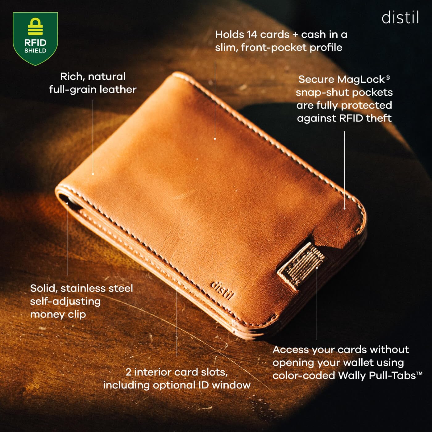 Distil Union Wally Bifold 5.0 Slim Bifold Wallet for Men – Minimalist RFID Leather Wallet with ID Window, Pull Tab Card Holder & Money Clip - Holds 14 Cards & 30 Bills - Brown