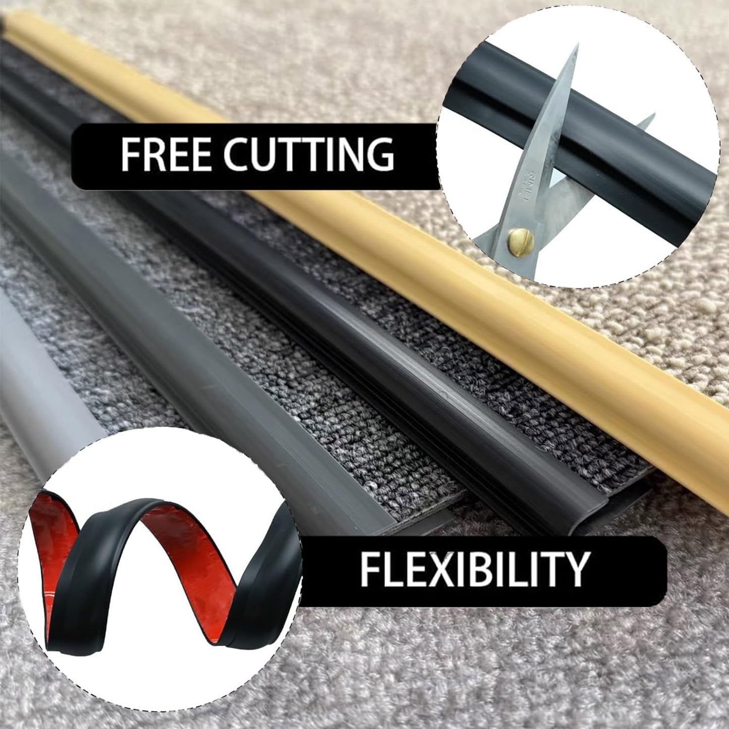 Carpet to Tile Transition Strip, Flexible Carpet Edging from Carpet to Tile Floor, Self Adhesive Cuttable Carpet Edge Trim Strip, Flexible Rug Edge Protector for Doorway（Black 24ft）