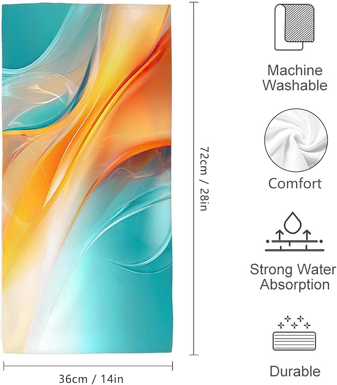 Orange Teal Hand Towels Set of 2 14"x28" Absorbent Turquoise Orange Marble Bath Decorative Towels for Bathroom Home Farmhouse Spa Gym Yoga, Orange Teal Bathroom Decor
