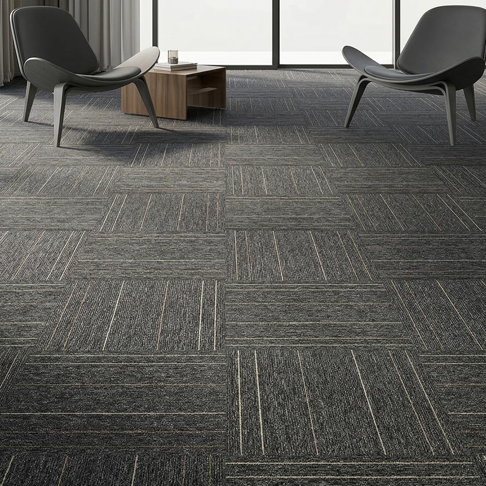 32 Pieces of Carpet 20x20 inch Square Carpet Tiles, Reusable, Non Slip, Seamless Tiles, Suitable for Indoor and Outdoor use in bedrooms, Living Rooms, Offices, etc., Easy to DIY（Dark Gray stripe-06）
