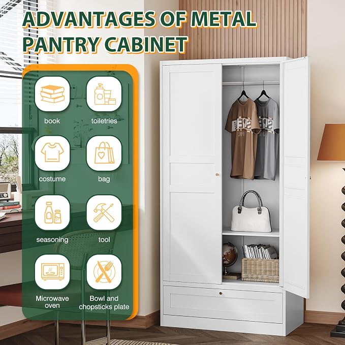 Letaya Metal Wardrobe Cabinets,18" Deep Clothing Storage Cabinet with Doors and Shelves,for Home Room,Fire Department, School, Employee,Gym,Government (White)
