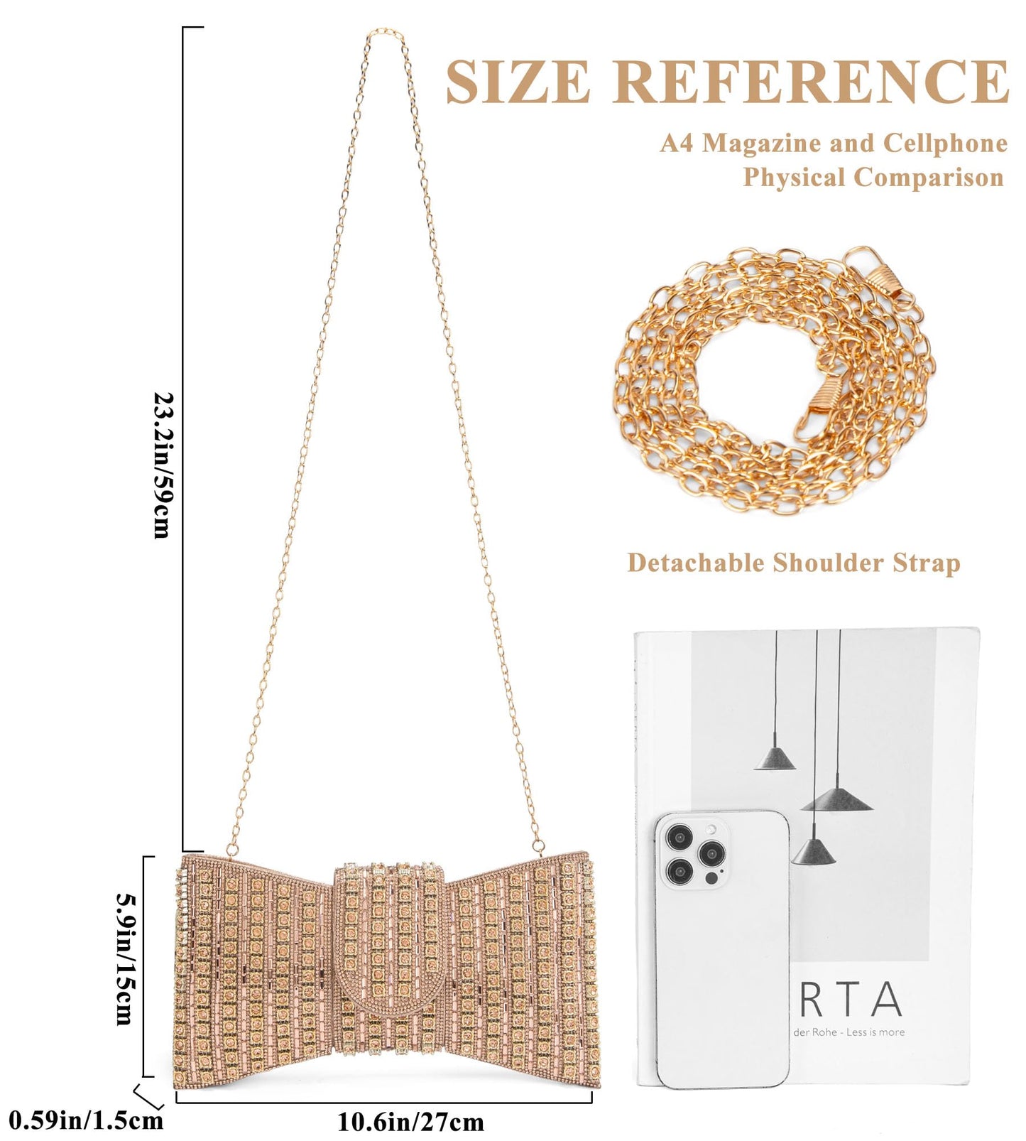 Sweetovo Sparkling Rhinestone Clutch Purse for Women, Elegant Bowknot Shaped Crystal Evening Bag for Wedding Prom Party (B-Champagne Gold)