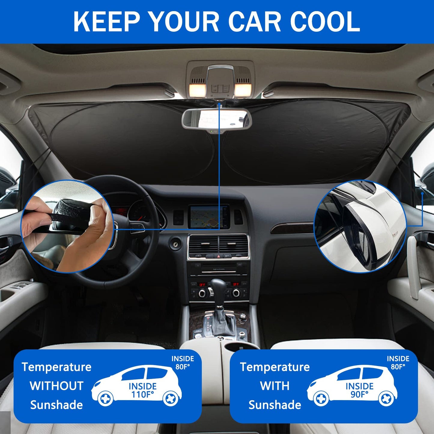 Car Windshield Sun Shade, Car Sun Shade Funny Car Eyes Sun Visor for Car Windshield, Wear-Resistant Black Tape, Foldable 63.7" L x 32" W