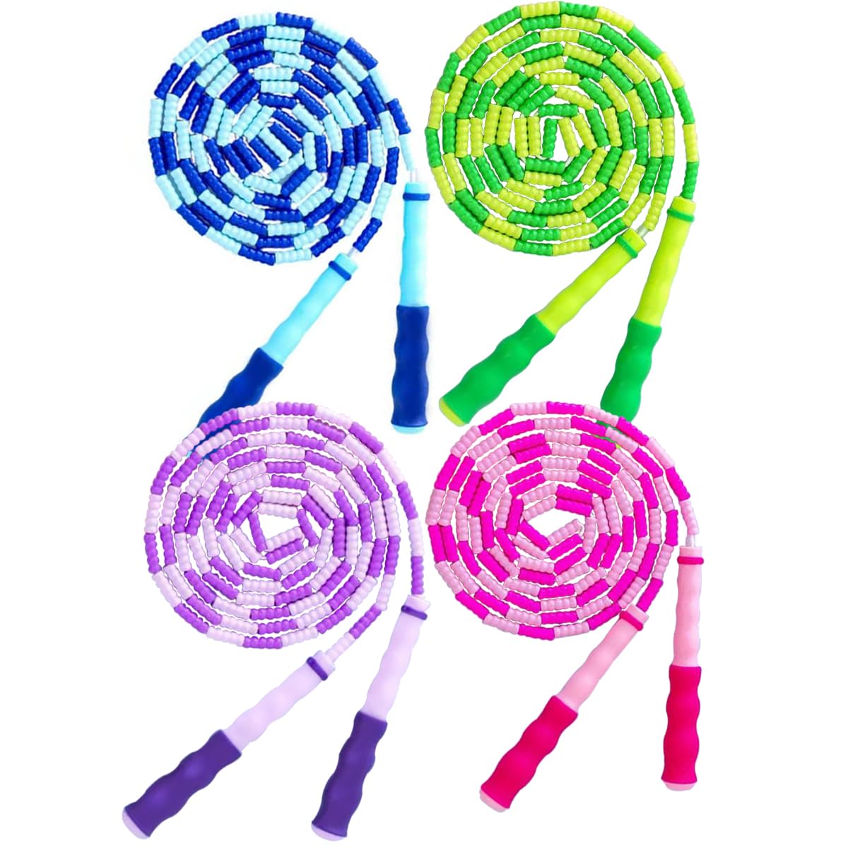 TYSISKNO Soft Beaded Jump Ropes for Kids Girls and Boy, Adjustable Skipping Rope, Tangle-Free Segmented Rope for Kid Exercise, Keeping Fit, Training - 9Ft (4 Pack - Pink/Blue/Green/Purple)