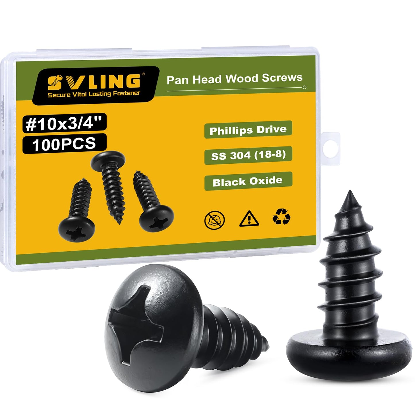 SVLING #10 x 3/4" Pan Head Wood Screws, 100PCS Pan Head Self Tapping Sheet Metal Screws, Black Oxide Stainless Steel 304 (18-8), Phillips Drive