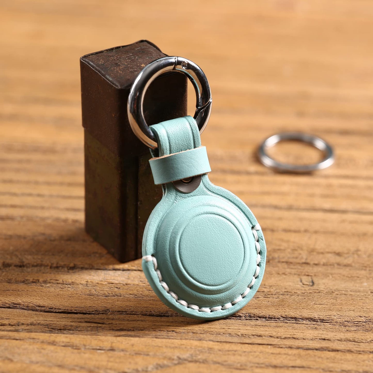 KEEPXYZ Genuine Leather Keychain Holder Compatible with Airtag, Secure for Air Tag Keychain Holder Case Cover Key Chain Ring Accessories - Cyan V1.0