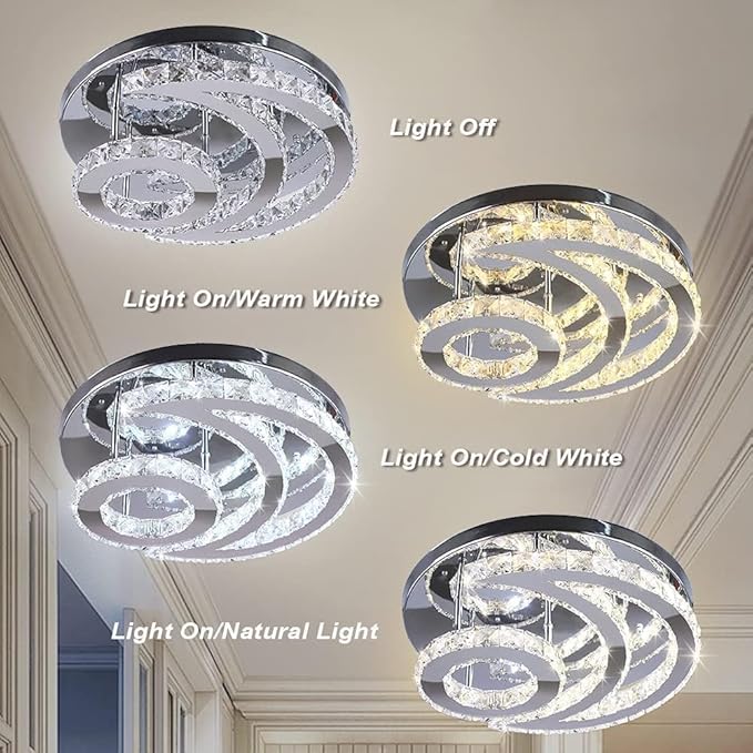 CXGLEAMING 15.7" Modern Crystal Chandelier Dimmable Ceiling Light Fixture Moon Shape LED Flush Mount Chandeliers for Bedroom Living Room Dining Room (Remote Control)