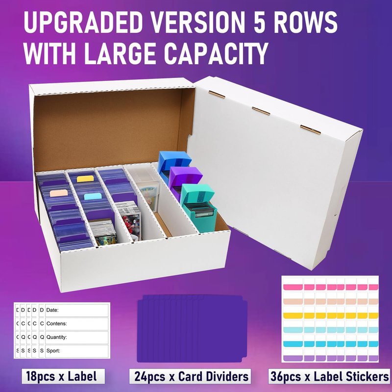 EBOAUSI Trading Card Storage Box 5 Row Holds 3950-count,3 Pack Cardboard Storage Box with 24Divider+36 Index Label,Trading Card Dividers for Tcg,Sports,Mtg Cards (3 Pack-Large)