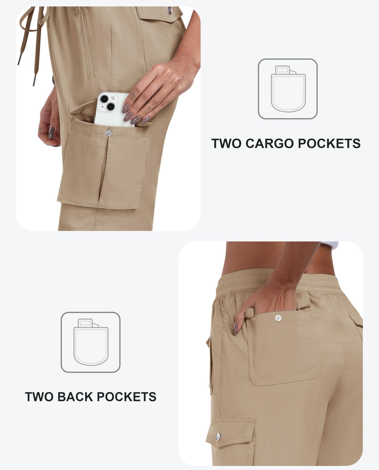 MoFiz Women's Hiking Cargo Shorts Quick Dry Lightweight Summer Shorts for Women Travel Athletic with Zipper Pockets Khaki L