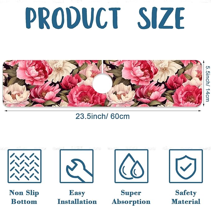 Garden Flowers Kitchen Sink Splash Guard Faucet Mat Watercolor Peonies Super