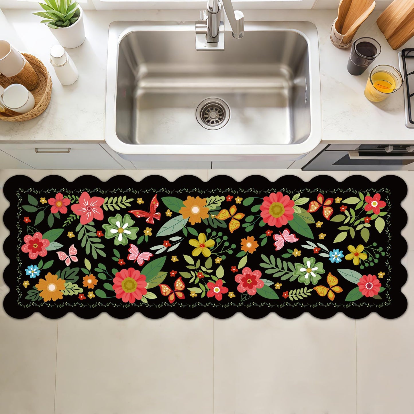 Black Kitchen Mats for Floor 3 Piece Set, Floral Scalloped Kitchen Rugs and Mats Set, Soft Cushioned No-Slip Resistant Kitchen Mats for Floor, Washable Runner Rug for Kitchen Sink, Laundry, Office