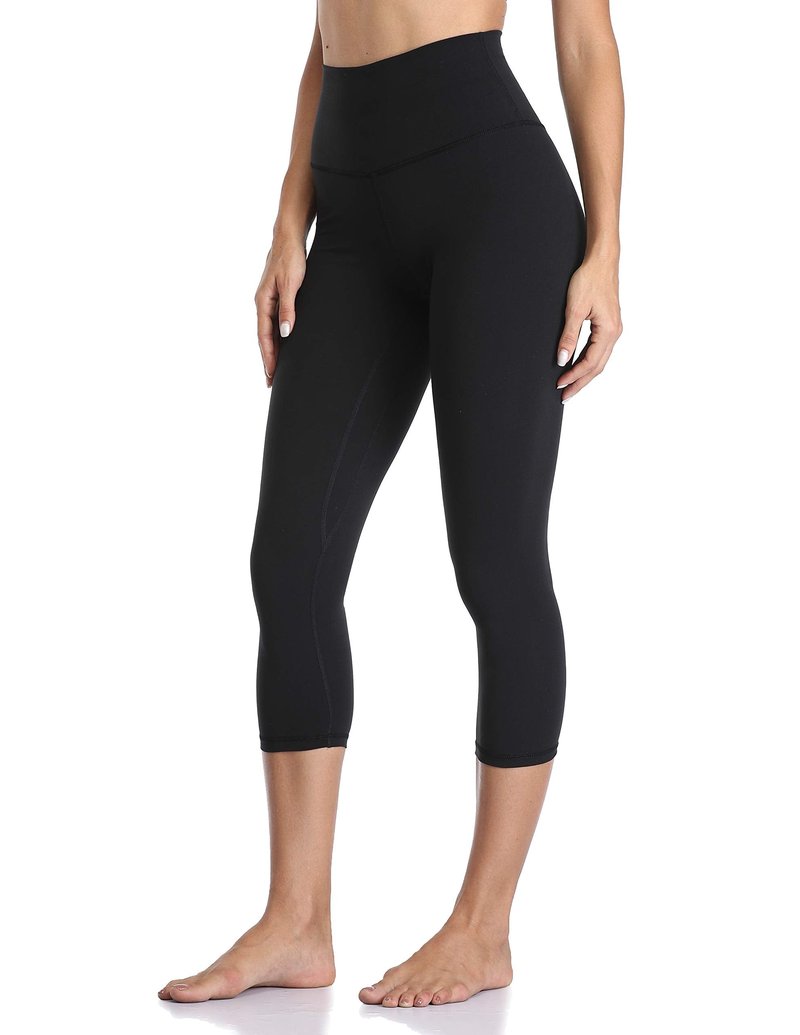 YUNOGA Women's Buttery Soft 21" Inseam Yoga Pants, High Waisted Tummy Control Workout Running Capri Leggings (L, Black)