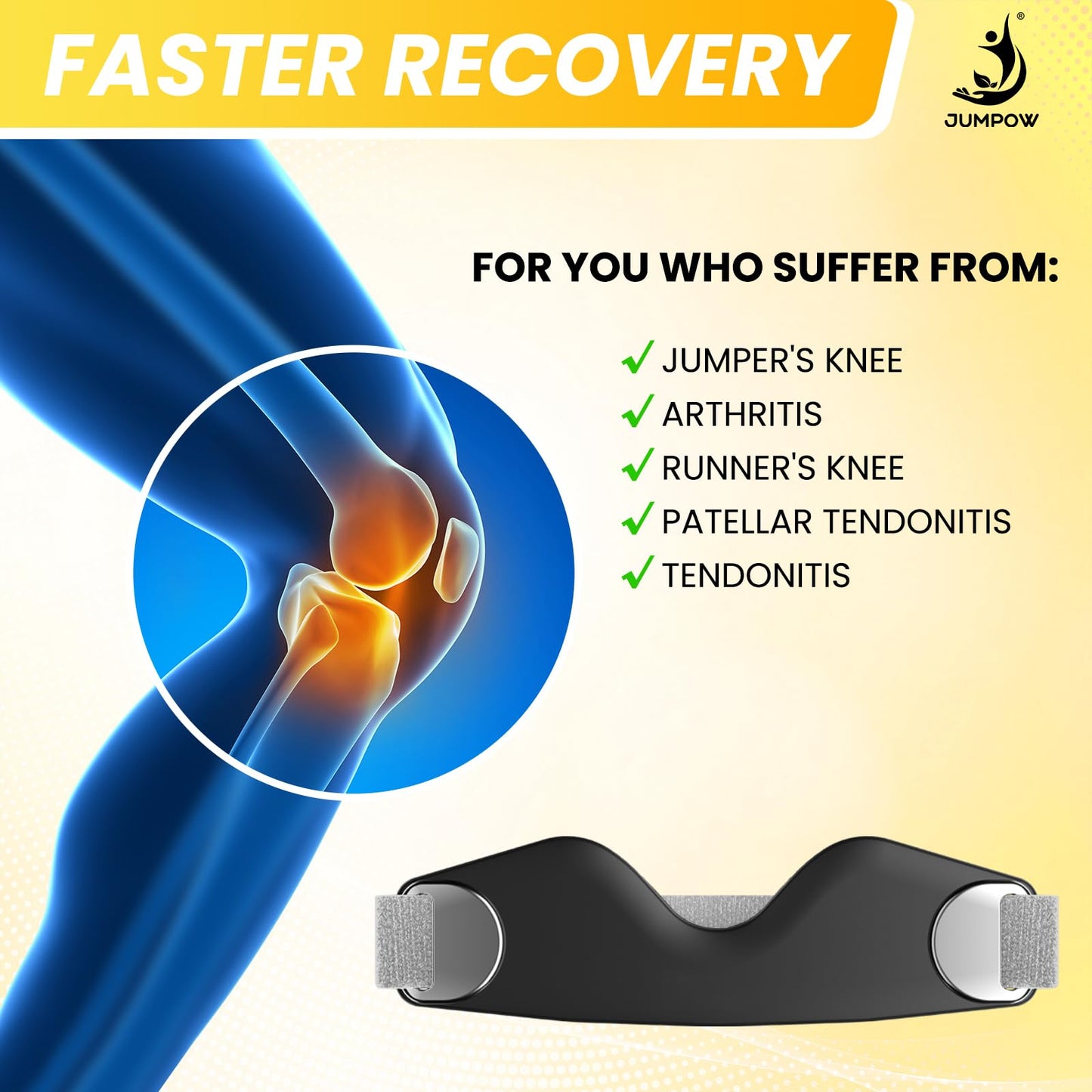 JUMPOW Patellar Tendon Support Strap - 2 Pack Adjustable Non-Slip Patella Band Stabilizer Silicone Knee Brace for Hiking, Running, Jumpers Knee, Tendonitis, Basketball, Squats, Black