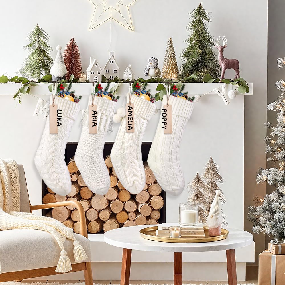 Teeanzo 4Pack 18 Inches Christmas Knitted Hanging Stockings,Xmas White Large Farmhouse Rustic Neutral Cable Knit Personal Stockings Decorations for Christmas Tree Fireplace Family Holiday Party Decor