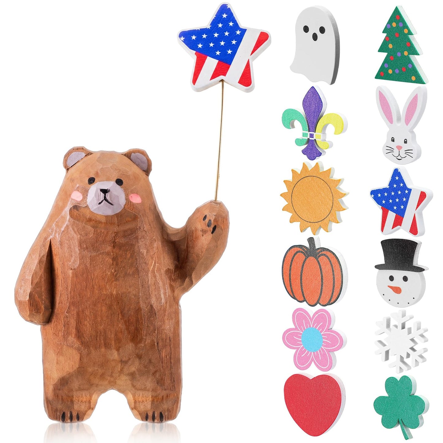 Novabright 13 Pcs Interchangeable Seasonal Tabletop Sign 4th of July Wooden Brown Bear Decor Mini Standing Signs Farmhouse Convertible Holiday Wood Welcome Sign for Summer Independence Day Table Decor