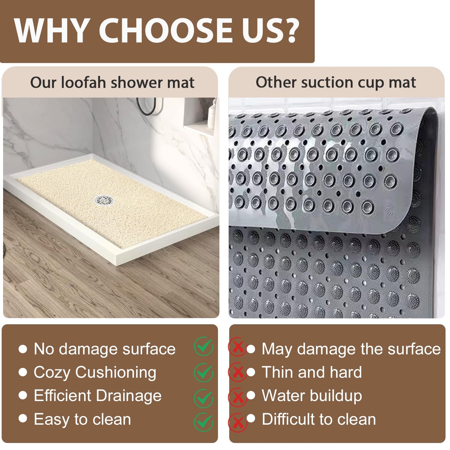 Extra Large Non Slip Shower Mat: 47.2x31.5 inch Loofah Shower Mat for Inside Shower with Drain Hole in Middle, Soft PVC Anti-Slip Shower Stall Mats for Bathroom,Wet Area, Quick Drying