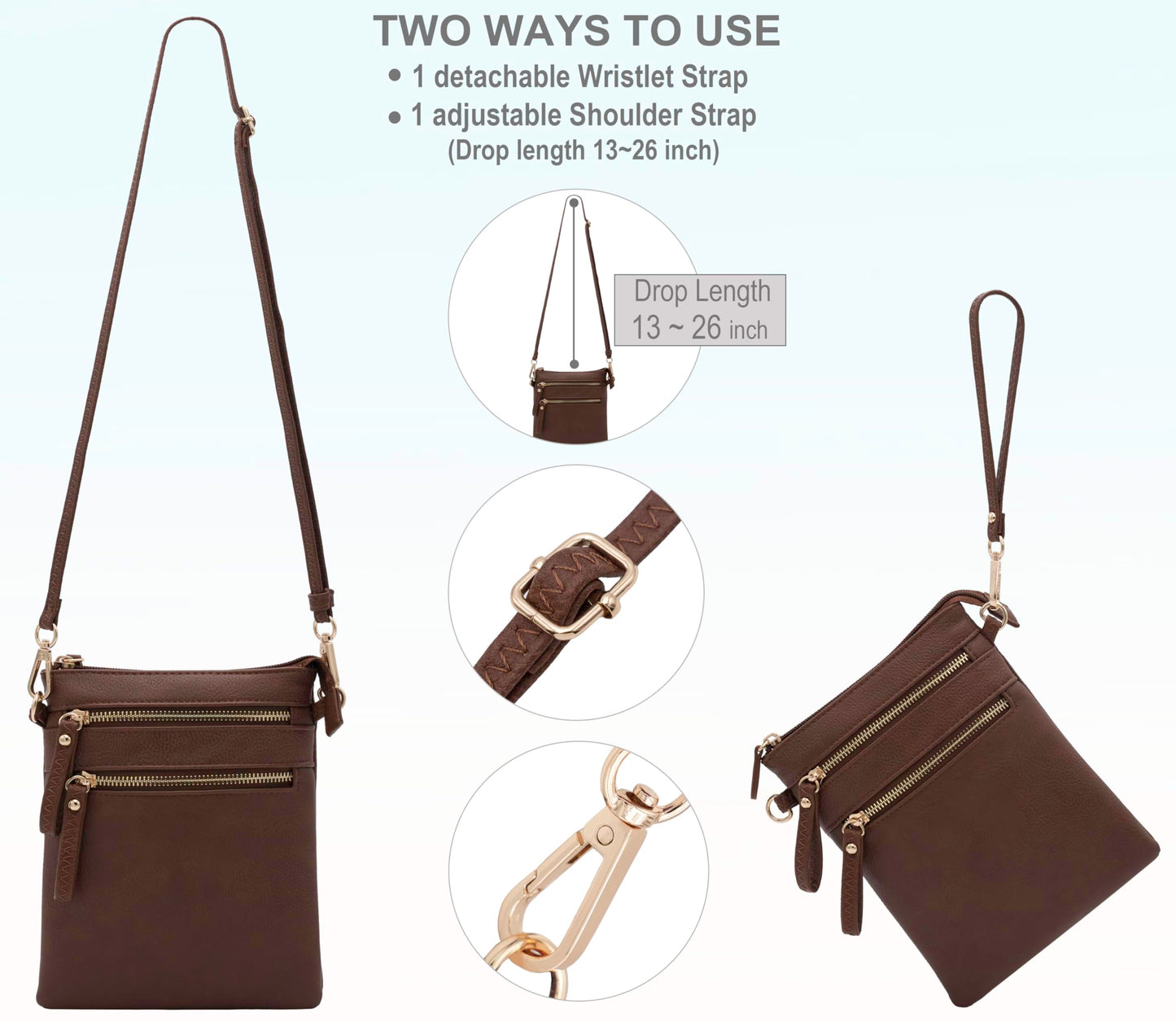 Solene Women's Faux Leather Organizer Multi Zipper Pockets Handbag With Detachable Wristlet Crossbody Bag-WU002(Coffee)