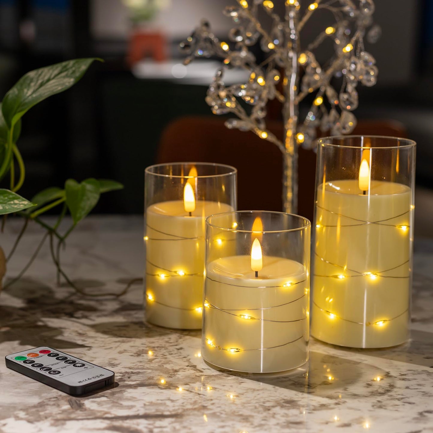 COVEGE Flickering Flameless Candles with Embedded String Lights - Acrylic Battery Operated Candles with Remote, LED Pillar Candles for Valentines/Wedding Home Decor（White）