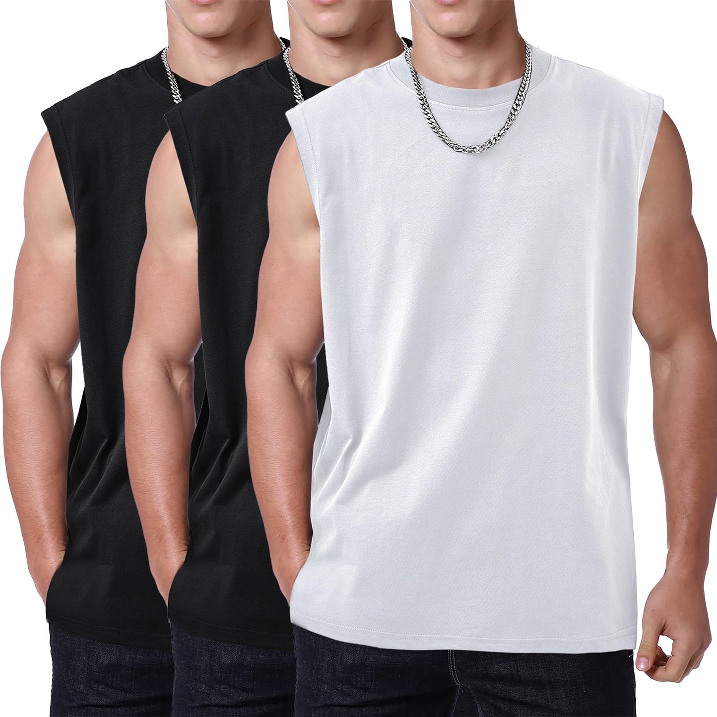 SnowElve 3 Pack Mens Workout Tank Tops Sleeveless Tee Shirts Men Muscle Shirt Gym Cotton T Shirts Running Beach Loose Fit Tee（XZG,BKBKWT,S