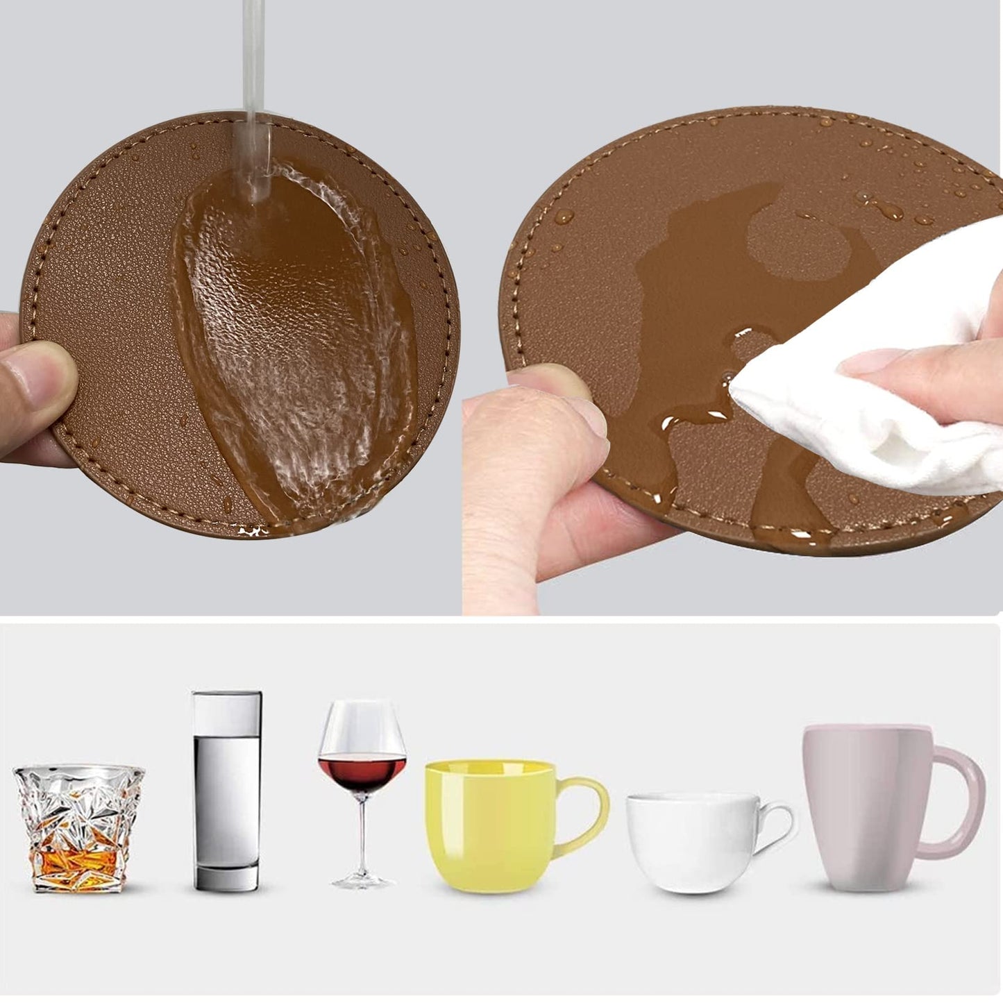 KEMMPER Coasters Set of 6 Soft Leather Drink Coaster Round Coaster with Sewing Around, Suitable for Various Cups, Wooden Tables,Home Decoration,4 Inches(Brown)