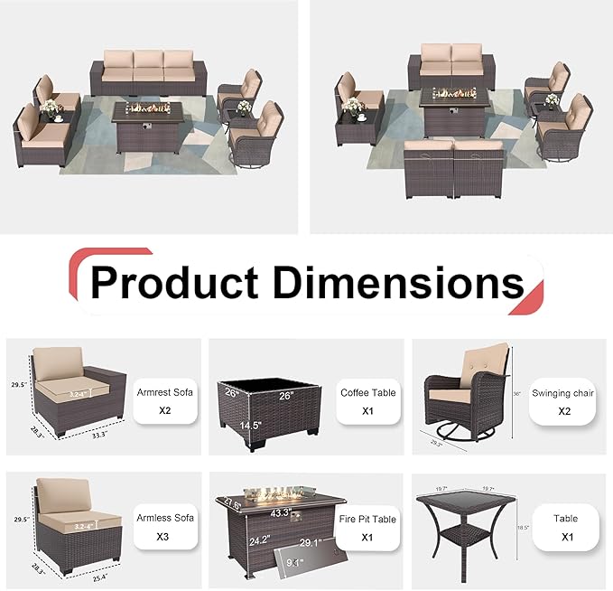 Kurapika 10 Pieces Patio Furniture Set, Rattan Wicker Outdoor Conversation Sets w/43in Propane Fire Pit Table, Swivel Rocking Chairs Patio Sectional Sofa w/4 Inch Cushion, Sand