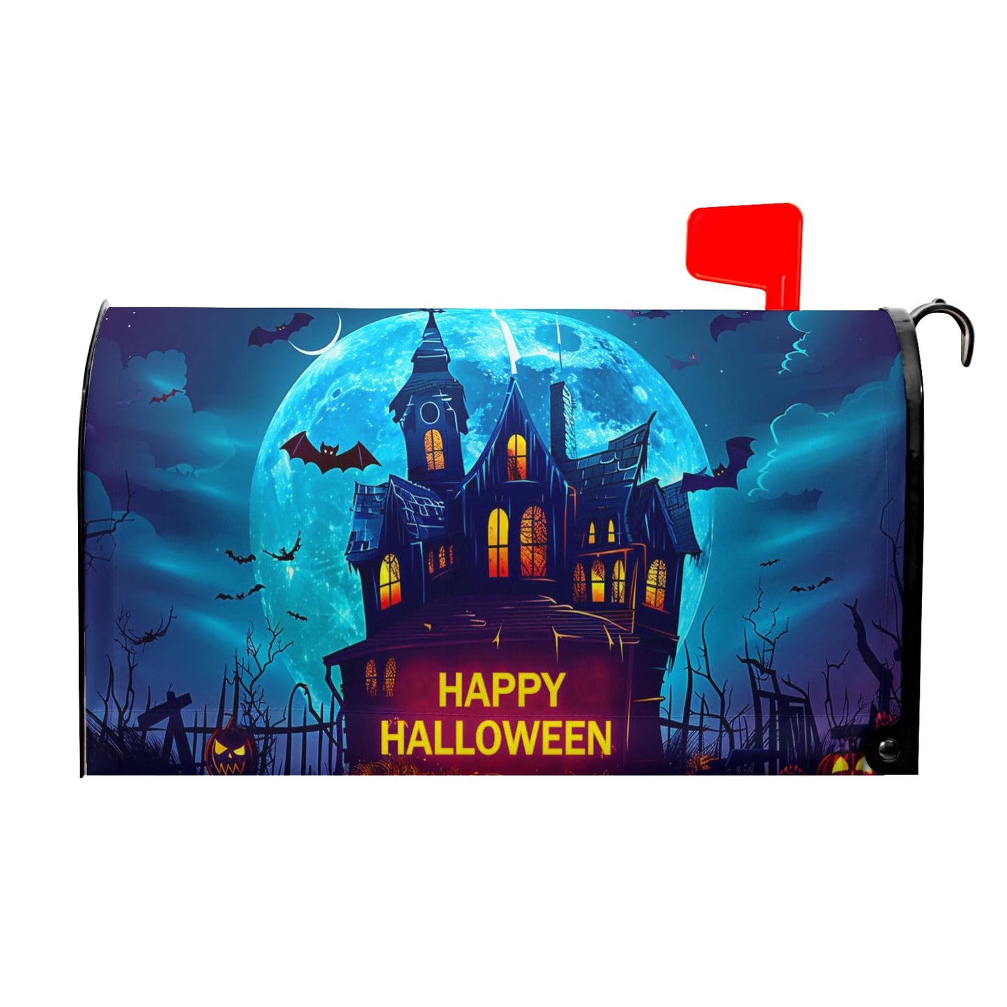Happy Halloween Mailbox Covers Magnetic Scary Night Haunted House Waterproof Mail Box Wraps Large Size 25.5x21 Inch Full Moon Bats Decorative Blue Letter Box Cover for Home Garden Yard Outside