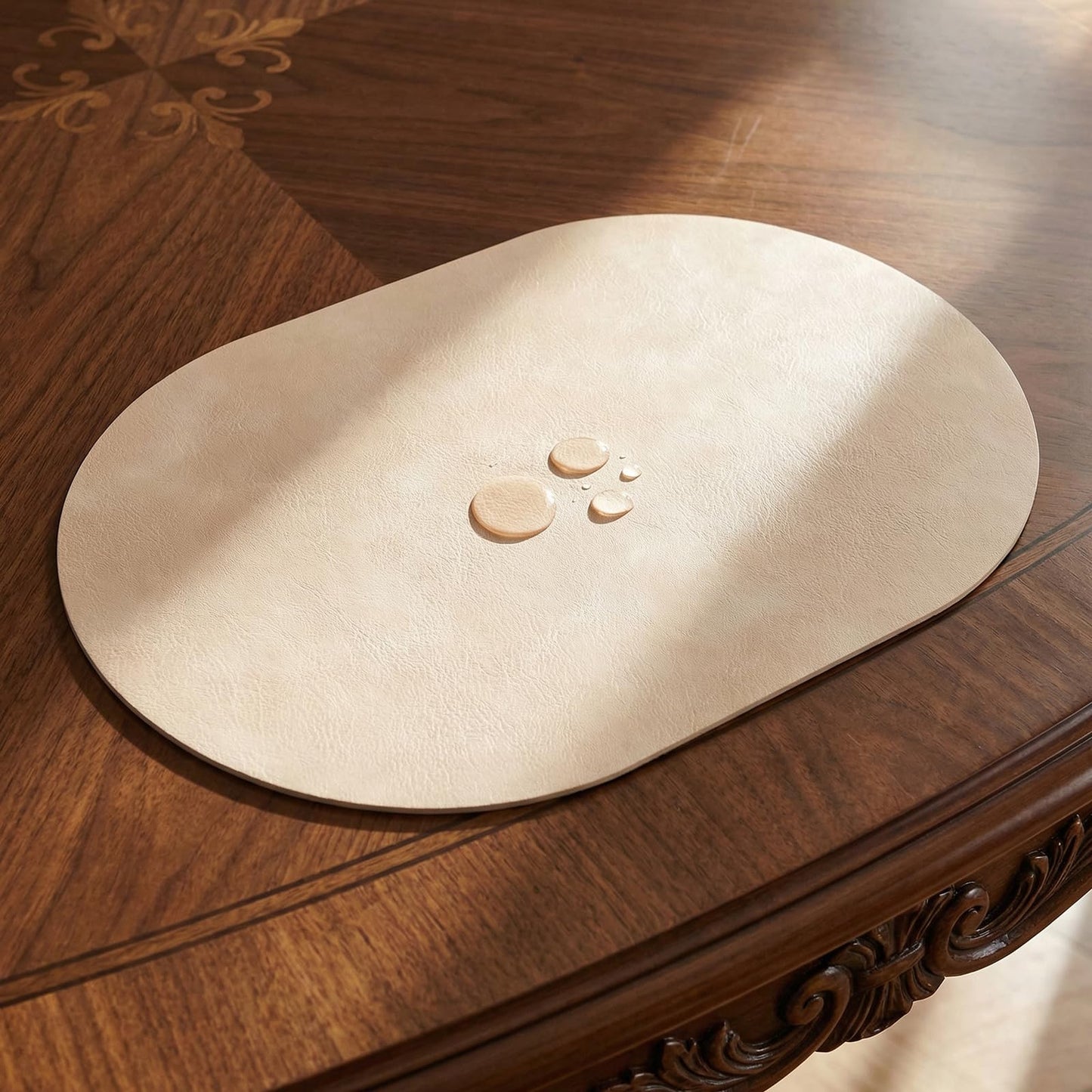 BIPASION Oval Placemats 2mm Ultra Thick Faux Leather Table Mats, Heat Resistant Waterproof Wipeable Dining Mats for Kitchen Table, Set of 12, Beige